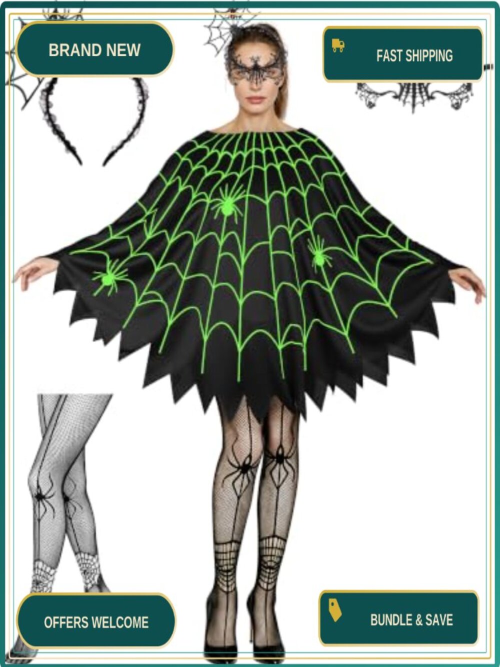Glow in Dark Spider Web Poncho Costume Set 4 Piece Halloween Cosplay